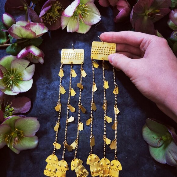 Artisanal Handmade ~ Long Brass Goddess earrings ~ like new - Picture 3 of 3